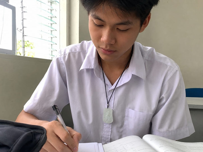 A male student wearing the Water Qilin jade pendant while concentrating on his studies at a desk. Natural light from a nearby window illuminates the pendant and study materials, emphasizing focus and academic diligence.