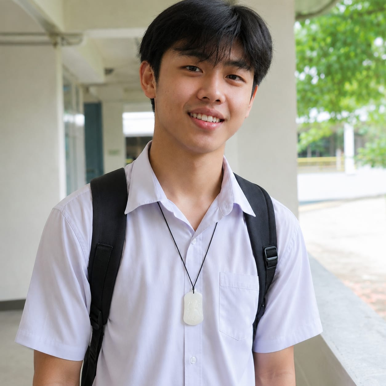A male student in a school uniform wearing the Water Qilin Scholar’s Pendant on a black cord, photographed outdoors in natural light.