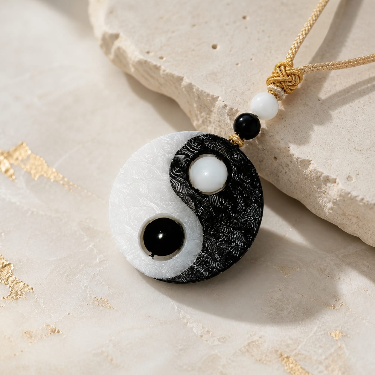 Black and white Taiji Yin Yang pendant with braided cord and symbolic beads on an ivory stone background for balance and focus.