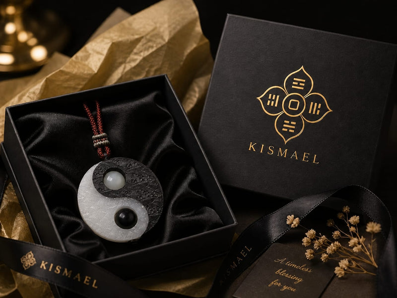 Taiji Yin Yang pendant presented in a black KISMAEL gift box with satin lining, gold tissue paper, ribbon, and blessing card for a premium gift-ready presentation.