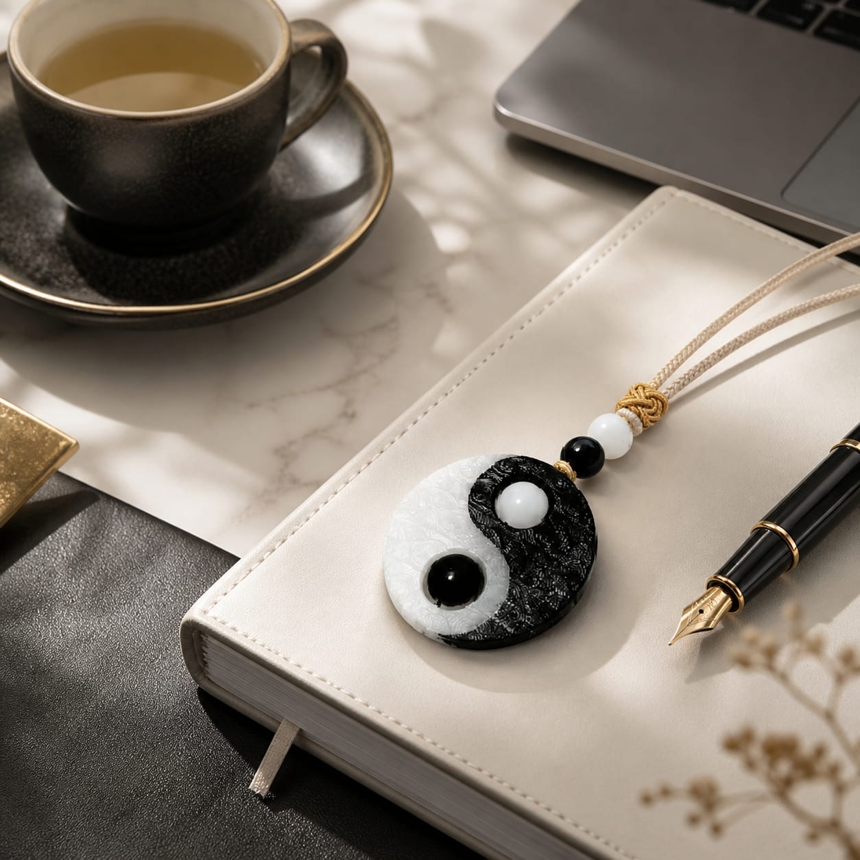 Taiji Yin Yang pendant styled on a modern work desk with notebook, laptop, pen, and tea cup for focus and career alignment.