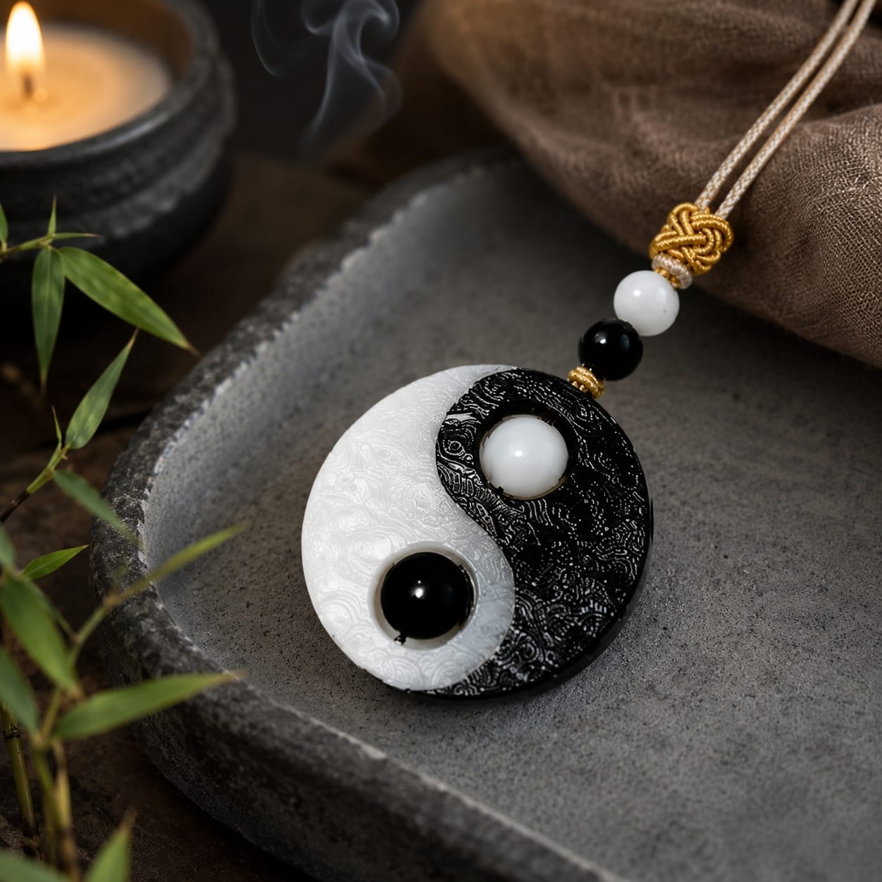 Taiji Yin Yang pendant displayed on a stone tray with candlelight, incense smoke, bamboo leaves, and a calm Zen ritual atmosphere.