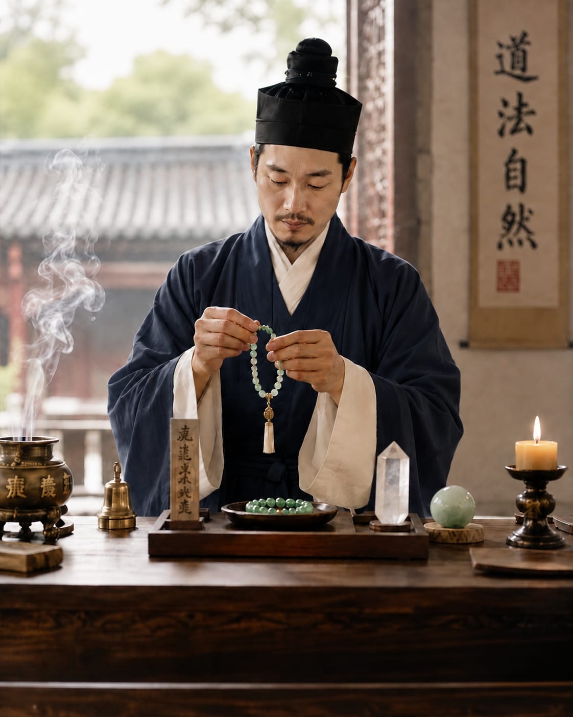 A Taoist practitioner dressed in traditional robes performing a blessing ritual. He holds a jade bracelet over a wooden table with ritual items, including a brass incense burner with smoke rising, a bell, and crystals. The serene courtyard in the background emphasizes a spiritual and ceremonial atmosphere.