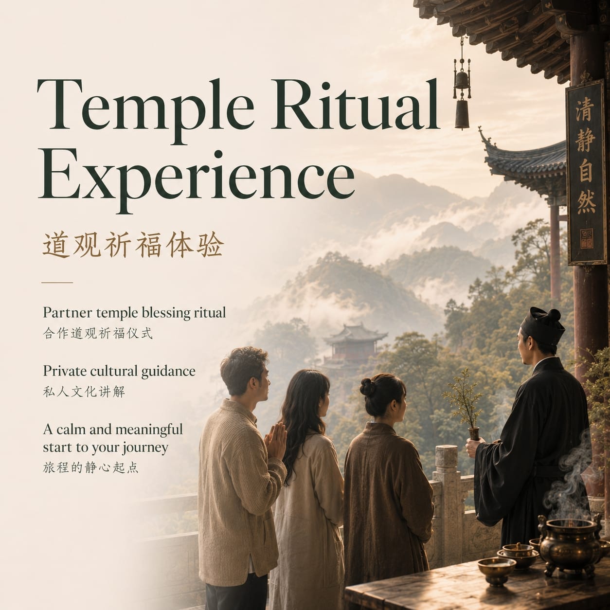 Bilingual product image for a temple ritual experience, showing overseas guests guided by a Taoist master in a misty mountain temple setting with private cultural guidance and blessing ritual highlights.