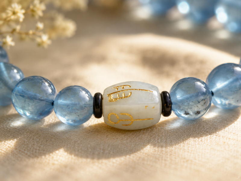 Detail of the Hetian jade charm on the Aquamarine Bracelet, highlighting the Three Harmony Water formation and smooth alignment of beads under natural light.