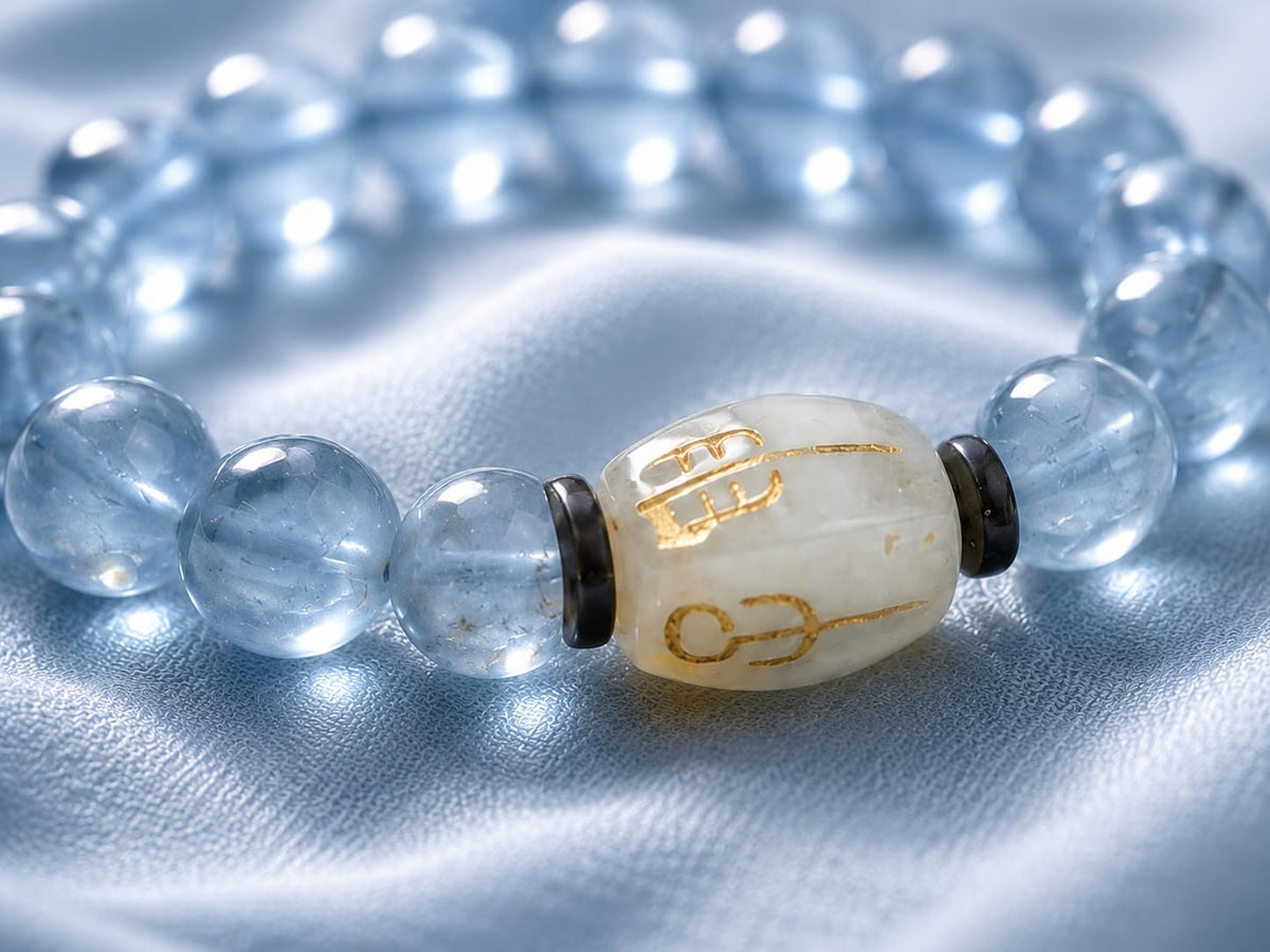 A close-up of a Natural Aquamarine Bracelet featuring a Hetian jade “San He Water” charm, highlighting the calmness, fluidity, and harmonious energy of the Three Harmonies Water formation in Chinese cosmology.