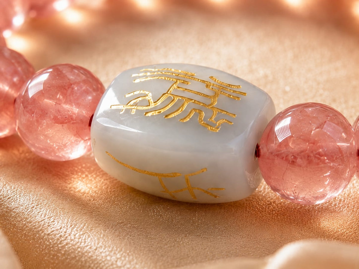 Close-up of the Natural Rhodochrosite Bracelet with Hetian jade talisman bead, highlighting the golden inscriptions on the bead. The bracelet rests on a soft golden fabric, emphasizing the Three Harmonies Fire alignment and its symbolic connection to warmth, vitality, and celestial harmony.
