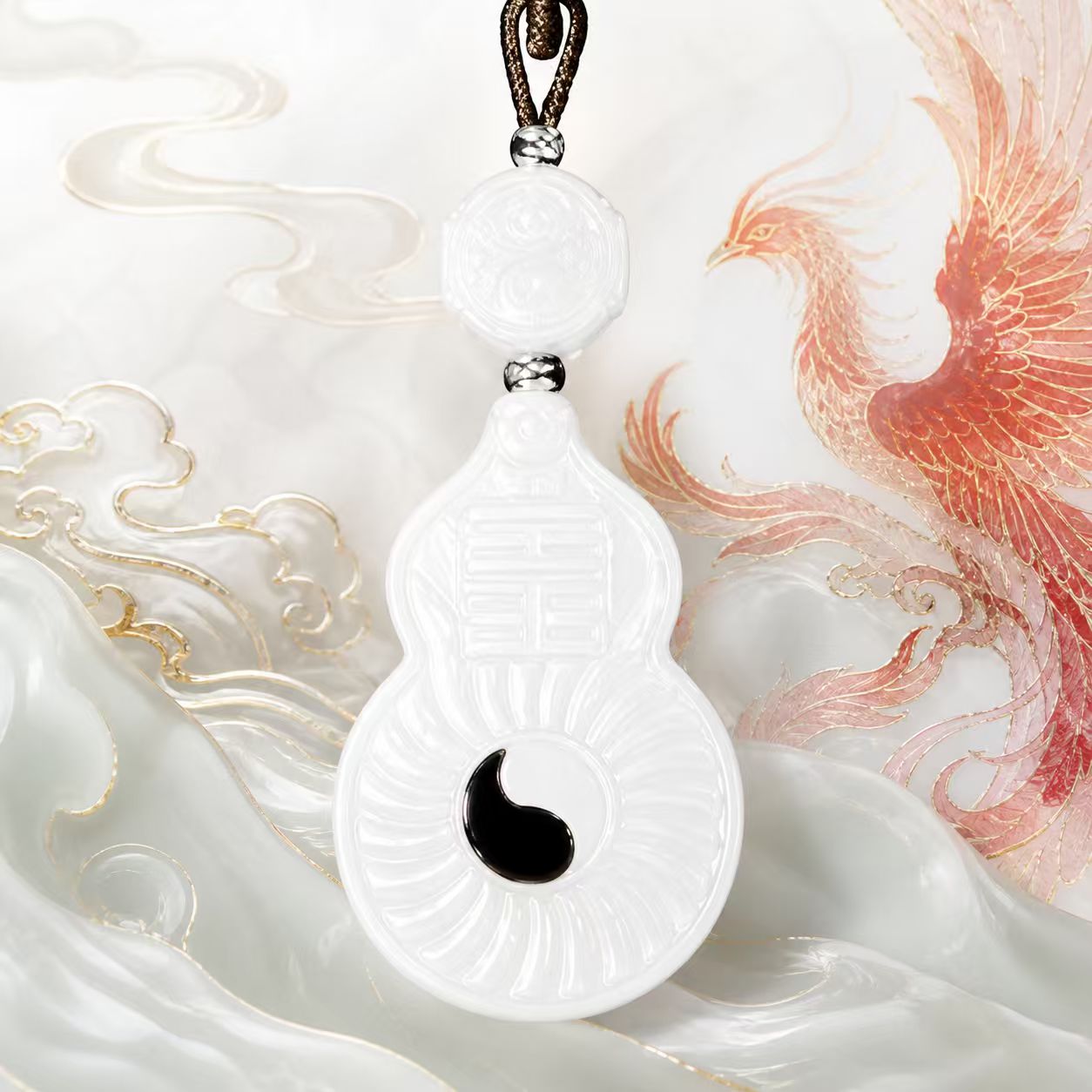 A close-up of a white jade Vermilion Bird pendant, placed over an artistic background of flowing clouds and a red bird illustration, highlighting the pendant’s intricate details and craftsmanship.