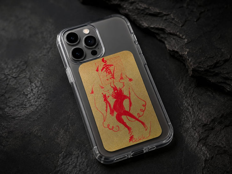 Hand-drawn Wang Lingguan talisman attached behind a smartphone case, allowing the guardian presence to be carried everywhere conveniently.