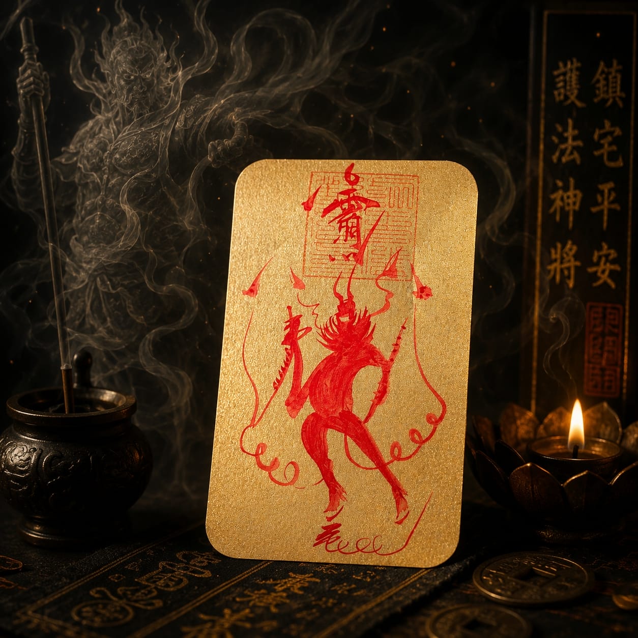 Hand-drawn Wang Lingguan talisman placed upright near incense and candles, showing the gold paper and cinnabar red ink details, emphasizing spiritual protection and ritual use.
