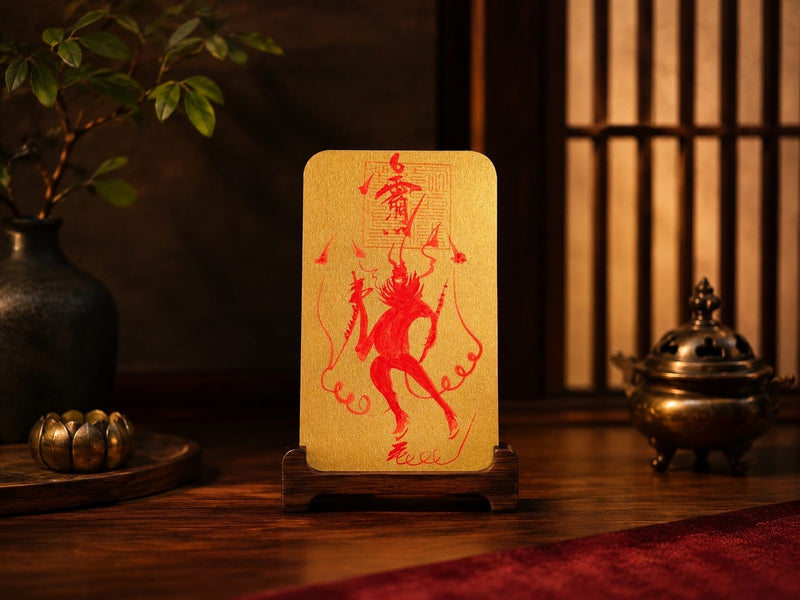 Hand-drawn Wang Lingguan talisman placed on a home altar with traditional decor, showcasing the golden paper and cinnabar red ink details.