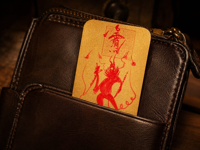 Compact Wang Lingguan talisman tucked inside a leather wallet, representing portable protection and spiritual guardianship throughout the day.
