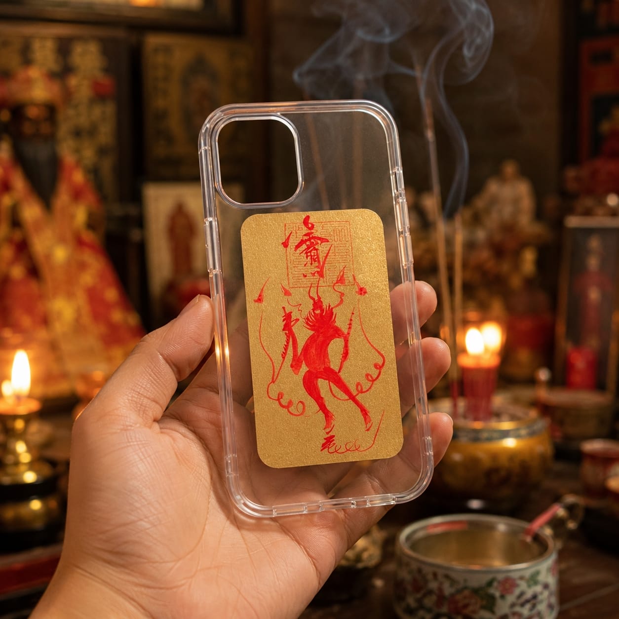 Wang Lingguan talisman placed behind a smartphone case, demonstrating modern everyday use while maintaining spiritual protection and symbolic guardianship.