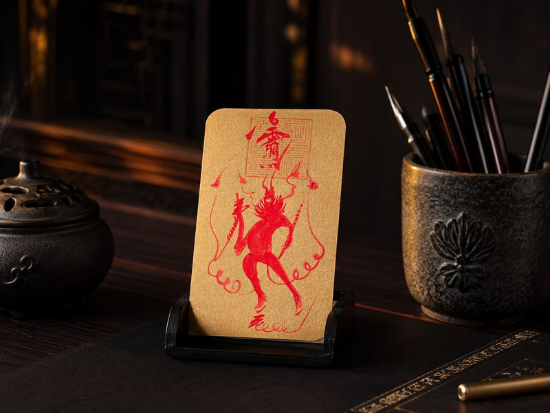 Wang Lingguan hand-drawn talisman displayed on a work desk next to a brush holder, emphasizing focus and protective energy in daily workspace.