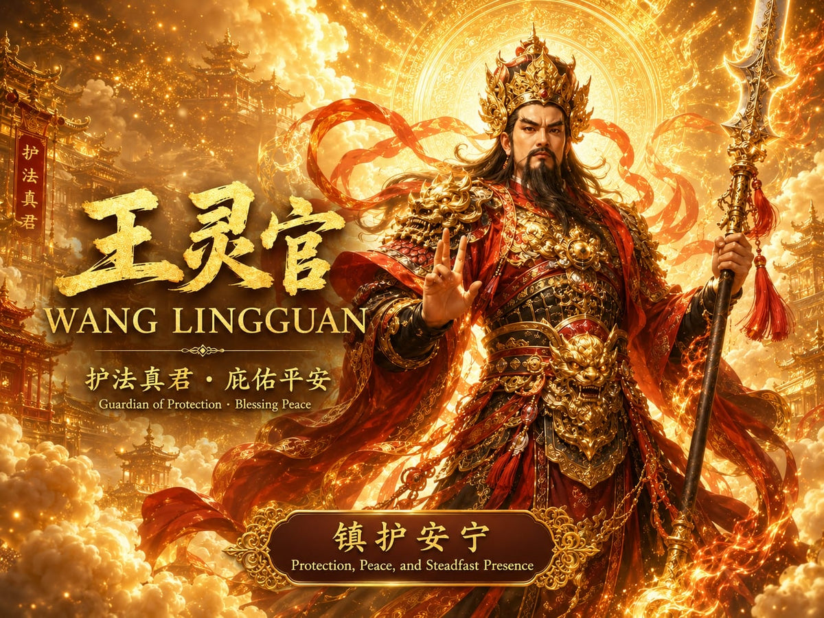 Hand-drawn digital illustration of Wang Lingguan, a Taoist Guardian Deity, clad in golden armor and holding a triple-pointed, dual-edged sword. Surrounded by swirling flames and celestial motifs, symbolizing protection, courage, and steadfast guardianship. Text includes both Chinese and English descriptions of his protective and blessing powers.