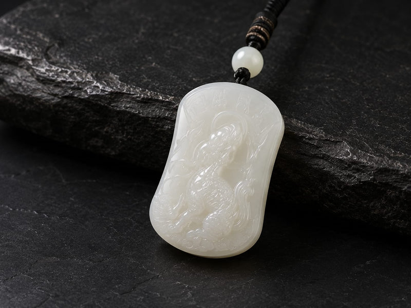 Close-up of the Water Qilin jade pendant attached to a black cord with a single bead, resting on a dark stone surface. The translucent jade and detailed qilin carving are clearly visible.
