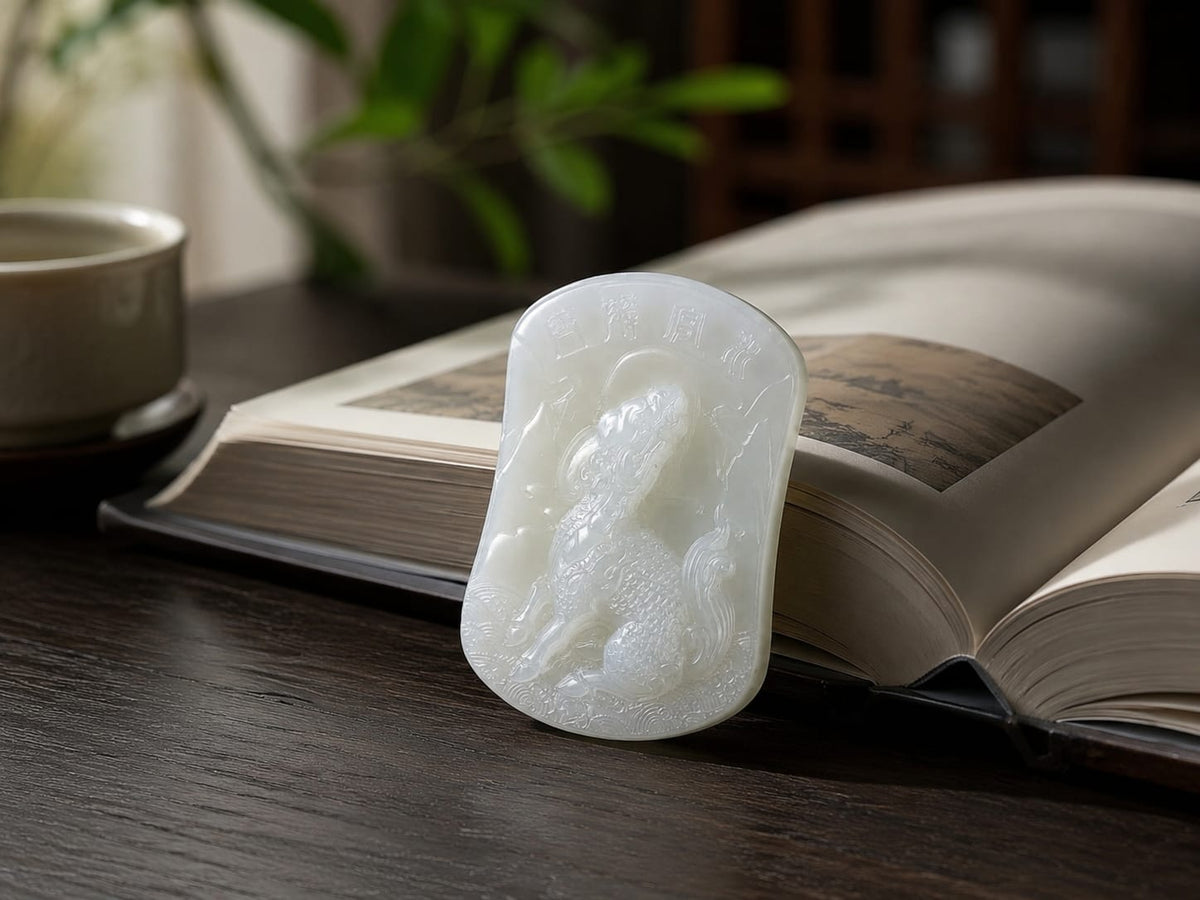 The Water Qilin jade pendant standing upright on a wooden desk beside an open book, with a tea cup and soft indoor background elements. The scene conveys calm focus, wisdom, and steady academic progress.