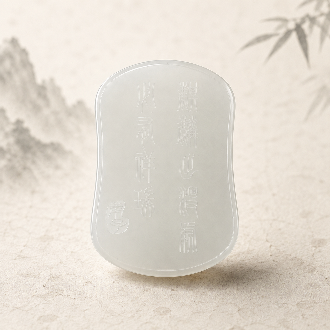 Back view of the Water Qilin Scholar’s Pendant in white jade, featuring engraved Chinese characters, displayed on a soft neutral background with subtle artistic details.