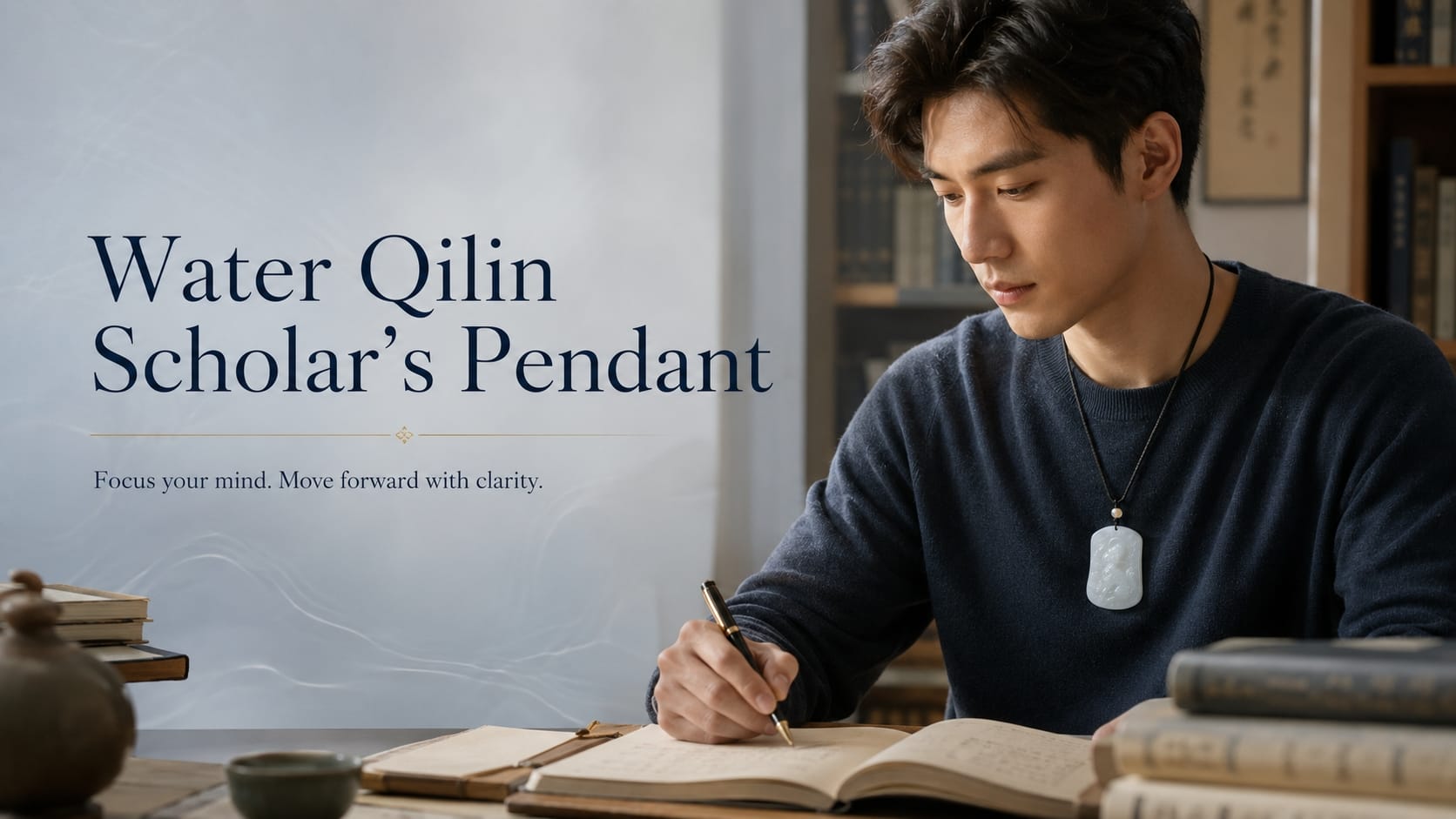 A young man wearing the Water Qilin jade pendant on a black cord, seated at a desk writing in a notebook. The pendant features detailed qilin carvings. Soft natural light from a nearby window illuminates the scene, with books and scholarly decor in the background.