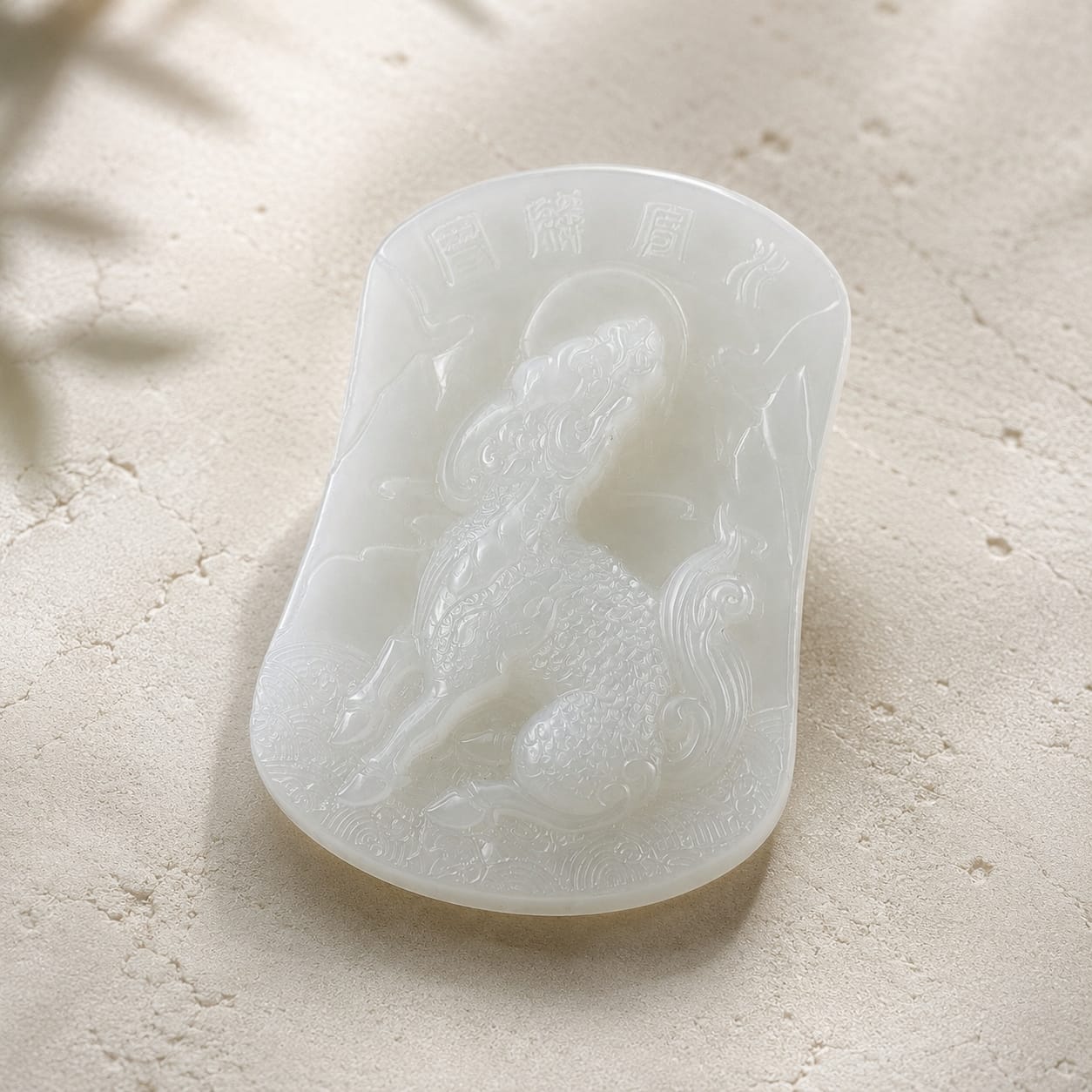 Close-up of the front side of the Water Qilin Scholar’s Pendant, showing the carved qilin motif in translucent white jade on a light textured background.