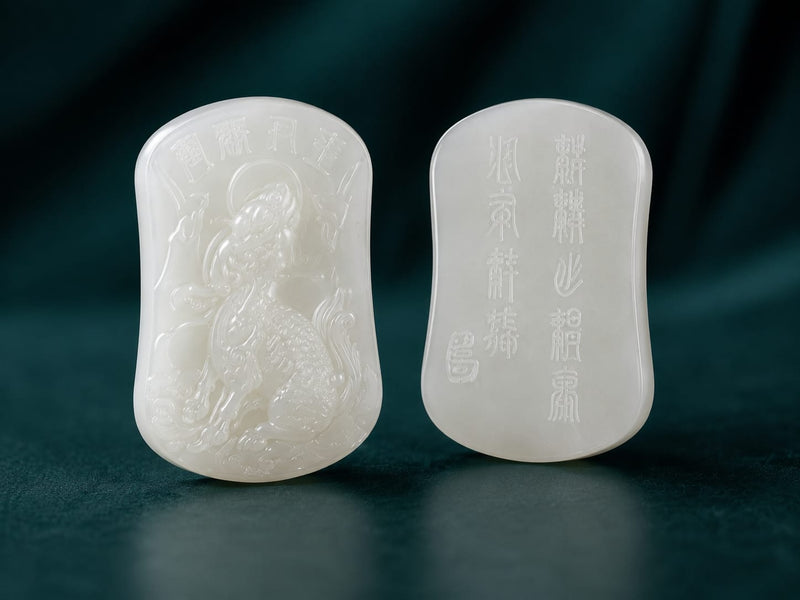 Front side of the Water Qilin jade pendant, featuring a detailed qilin carving and inscriptions. Displayed upright on a dark green background, highlighting the translucent white-jade texture and craftsmanship.