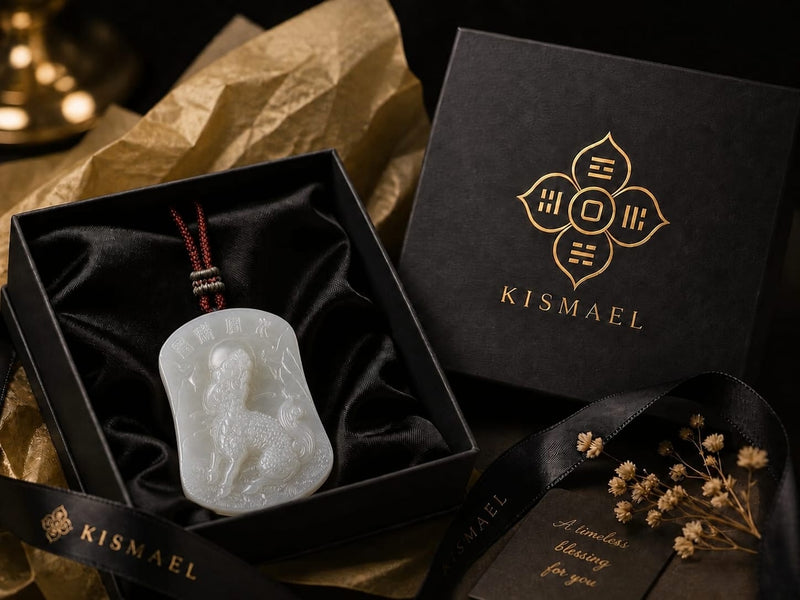 The Water Qilin jade pendant elegantly displayed in a black presentation box with a soft satin lining, accompanied by a black gift pouch and card. Styled with dried flowers and gold-accented packaging, highlighting a thoughtful gift for students preparing for exams or facing academic challenges.