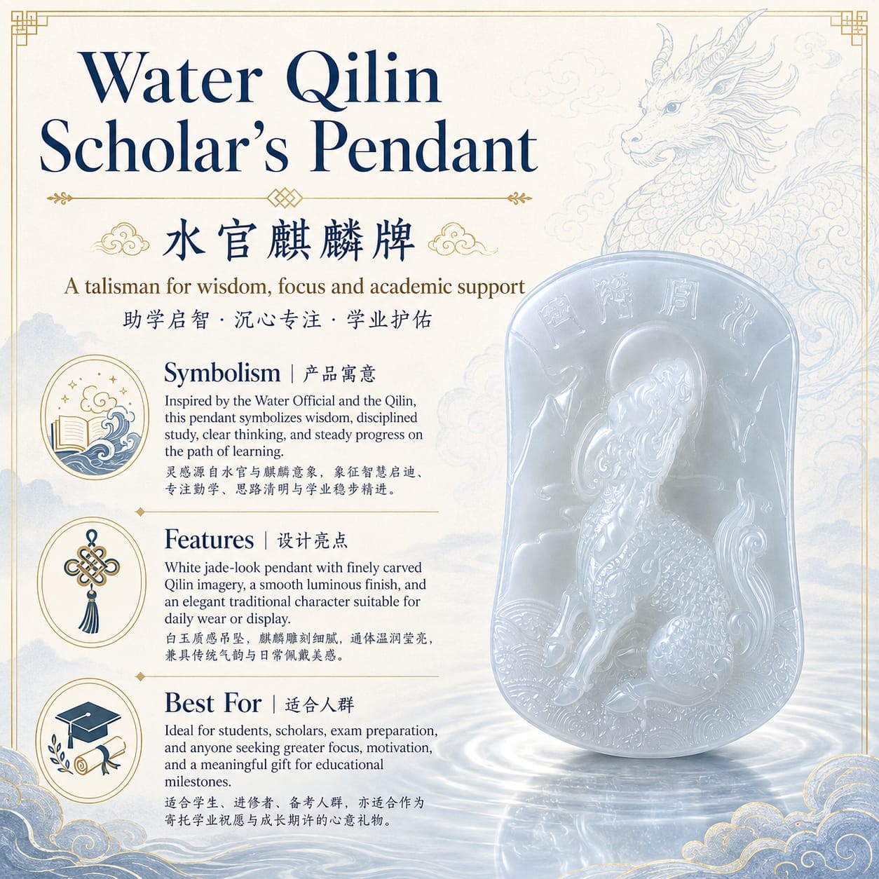 An informational product card for the Water Qilin Scholar’s Pendant, featuring product details, symbolic meaning, and a jade pendant image in an elegant academic-inspired layout.
