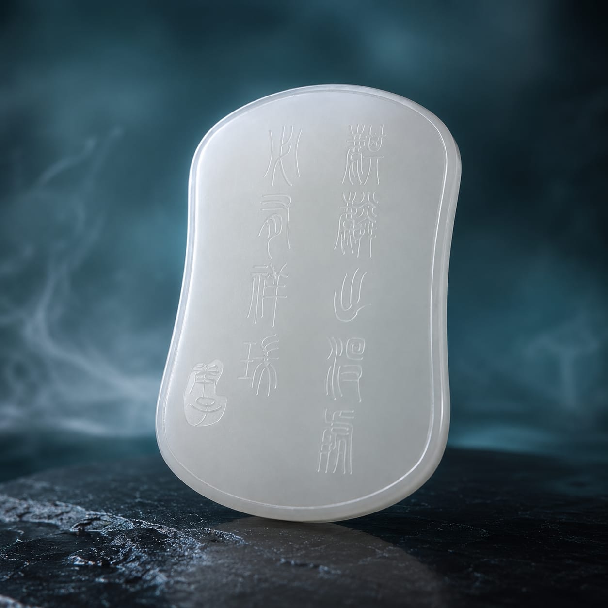 The reverse side of the Water Qilin Scholar’s Pendant shown upright against a dark blue smoky background, highlighting its smooth jade surface and engraved inscriptions.