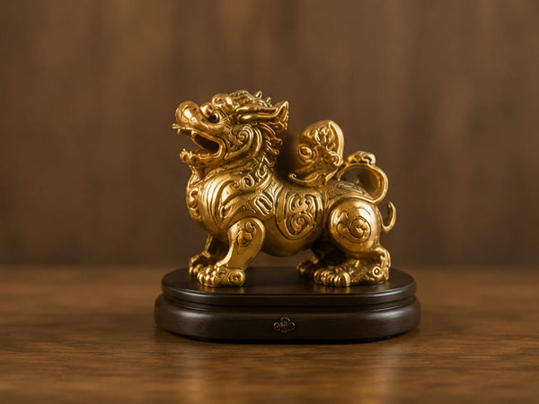 A small golden Pi Xiu (mythical Chinese creature) figurine on a wooden base, representing financial luck and abundance in key areas of the home.