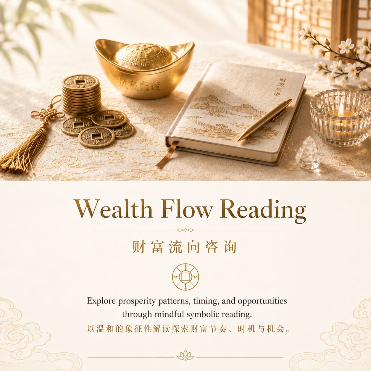 Wealth Flow Reading service image featuring gold coins, a golden ingot, notebook, candlelight, and Eastern wisdom elements for prosperity guidance.