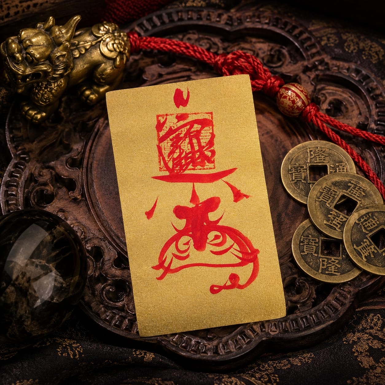 Handcrafted golden Wealth Protection Talisman placed on a carved wooden tray with Feng Shui coins, red cord, and dark stone, symbolizing guarded prosperity and mindful wealth preservation.