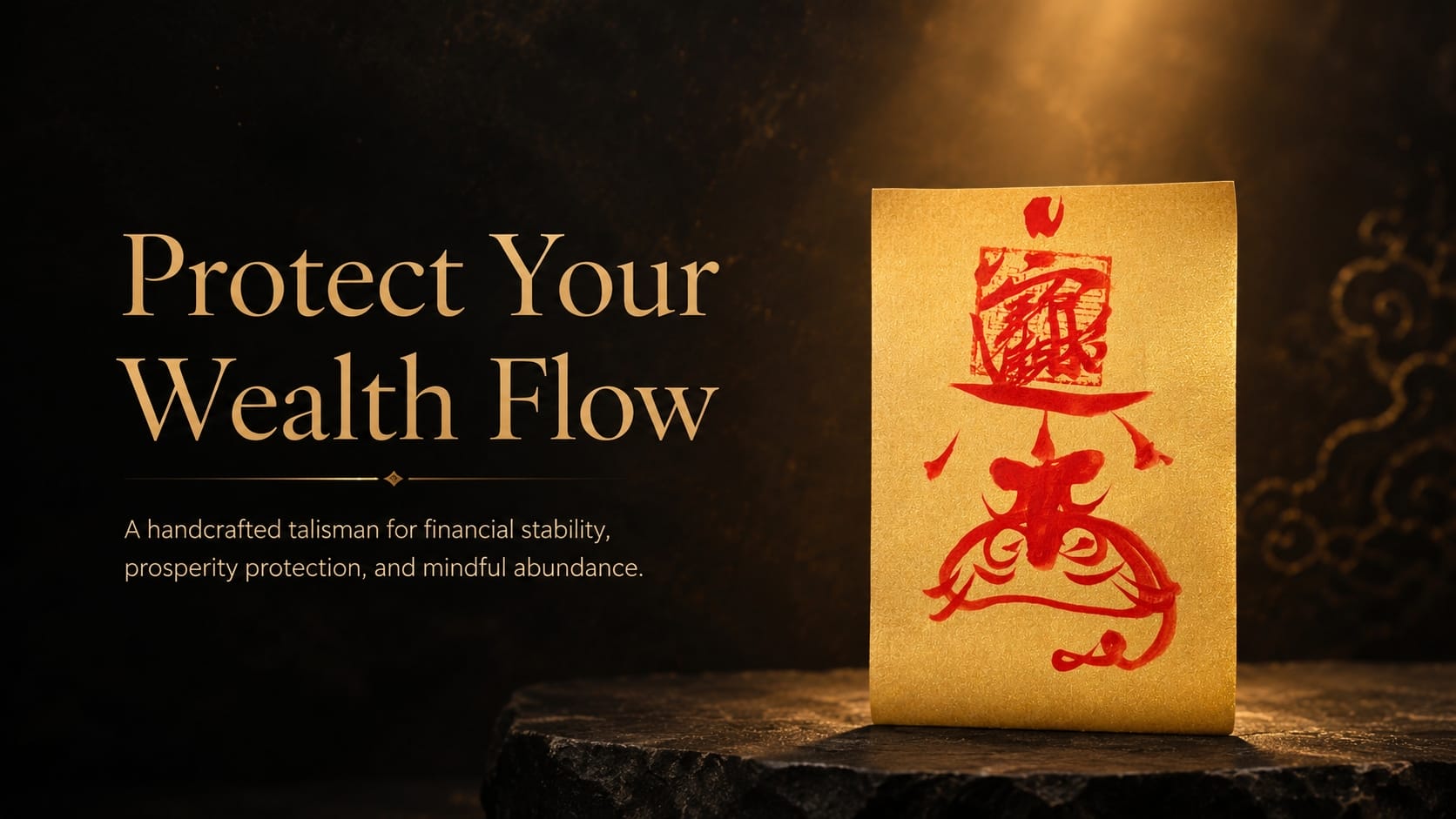 Handcrafted golden Wealth Protection Talisman with red ritual symbols displayed on a dark stone background with warm golden light, symbolizing financial stability, prosperity protection, and mindful abundance.