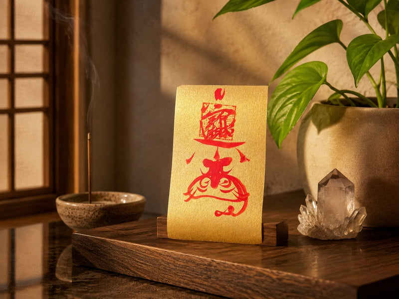 Handcrafted Wealth Protection Talisman displayed in a calm home altar setting with incense, plant, and crystal, symbolizing prosperity protection and peaceful abundance energy.