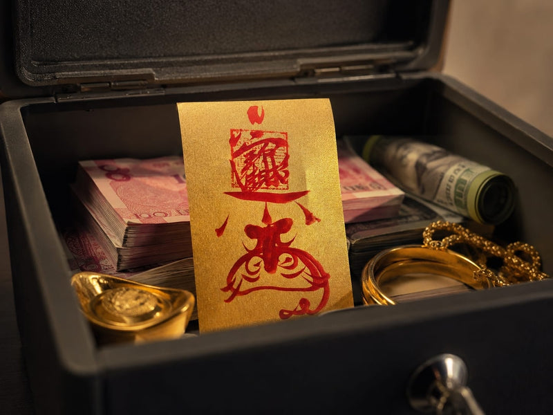 Handcrafted Wealth Protection Talisman placed inside a safe with cash, gold jewelry, and valuables, symbolizing wealth guarding and financial stability.