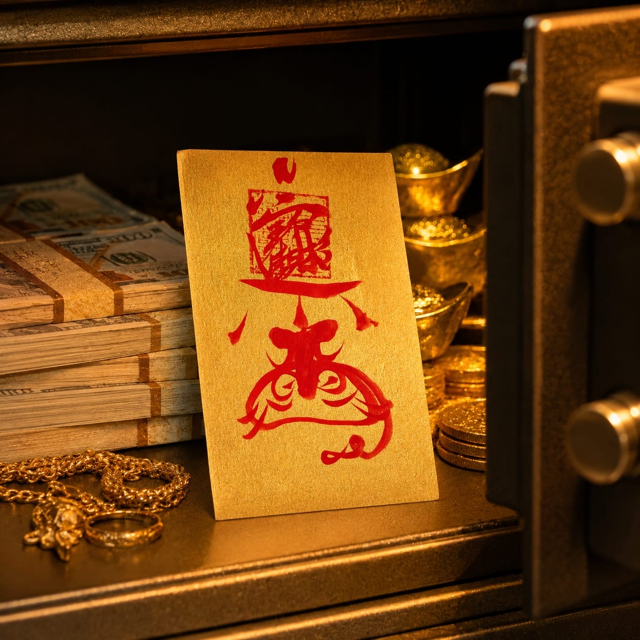 Golden Wealth Protection Talisman displayed inside a safe with cash, gold coins, and valuables, symbolizing wealth protection, financial security, and prosperity preservation.