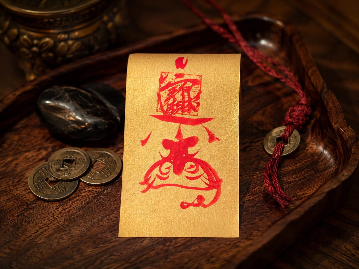 Handcrafted golden Wealth Protection Talisman displayed on a wooden tray with Feng Shui coins, red cord, and dark stone, symbolizing prosperity protection and mindful wealth preservation.