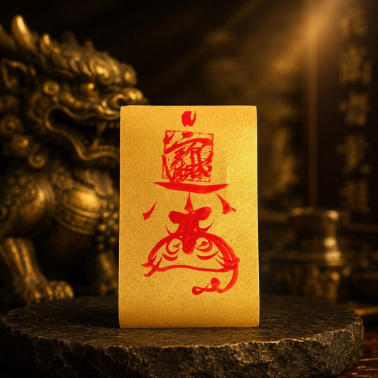 Golden Wealth Protection Talisman displayed with a softly blurred Pixiu guardian statue in the background, symbolizing prosperity protection, wealth guarding, and financial stability.