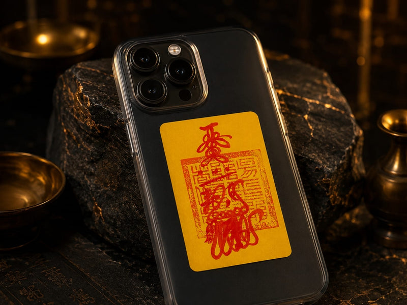 A yellow hand-drawn Wealth Talisman with red brush strokes attached to the back of a black smartphone case. The background includes dark stone and bronze ritual elements, emphasizing the talisman’s handmade craftsmanship and compact portability for daily intention setting.