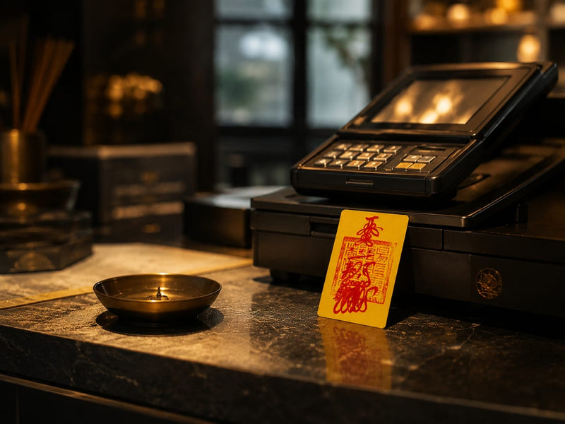 A yellow hand-drawn Wealth Talisman with red calligraphy standing on a retail counter near a payment terminal and small bronze dish. Ambient warm lighting enhances the premium and ritual-inspired design, illustrating the talisman’s use in business spaces for prosperity intention.