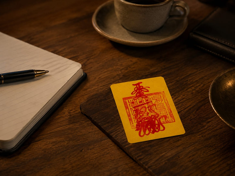 A hand-drawn yellow Wealth Talisman with red ink placed on a wooden work desk beside a notebook, pen, and coffee cup. Warm lighting highlights the detailed calligraphy and tactile paper texture, showing the talisman as a desk companion for positive energy and focus.