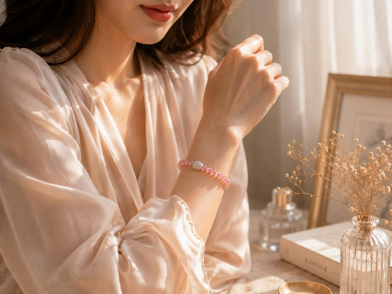 Lifestyle image of a woman wearing a Natural Rhodochrosite Bracelet with a Hetian jade talisman bead in a soft, elegant indoor setting. The bracelet is styled as a meaningful daily accessory with a gentle, feminine aesthetic.
