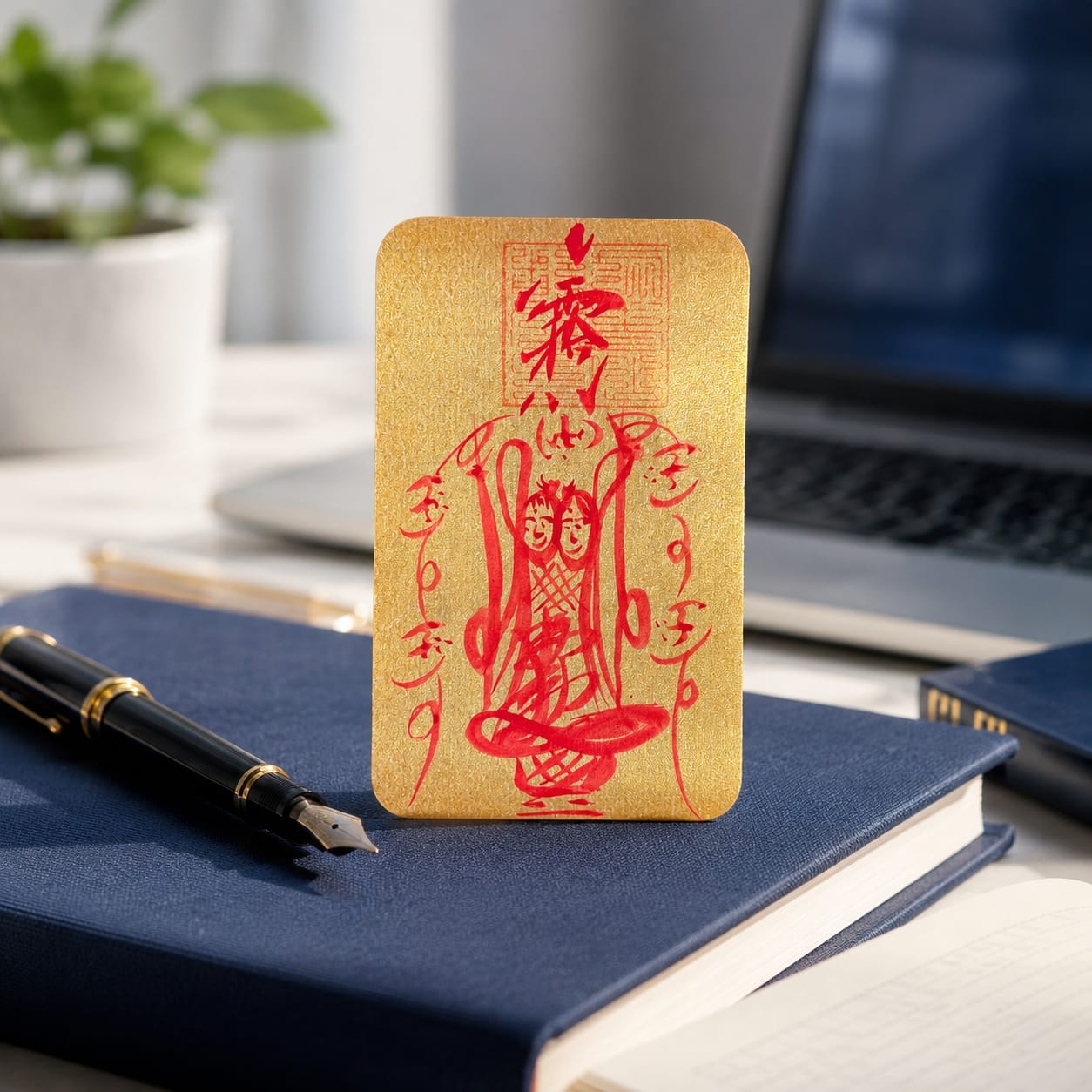 The Wenchang Wisdom & Career Talisman standing upright on a closed navy notebook beside a fountain pen, with a blurred laptop in the background. The gold card with red hand-drawn symbols represents focus, clarity, and academic intention.