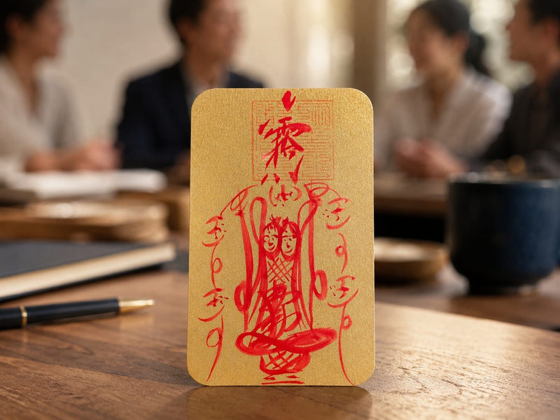 The Wenchang Talisman in a professional meeting environment with blurred figures in the background. It symbolizes attracting supportive networks and beneficial relationships while maintaining focus and presence. 