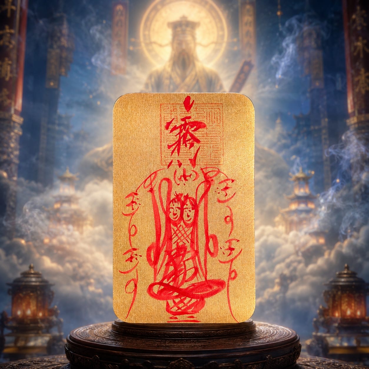 The Wenchang Talisman placed on a wooden pedestal surrounded by mystical light and symbolic Taoist background elements. The gold card and red ink convey wisdom, guidance, and auspicious energy, evoking spiritual inspiration.