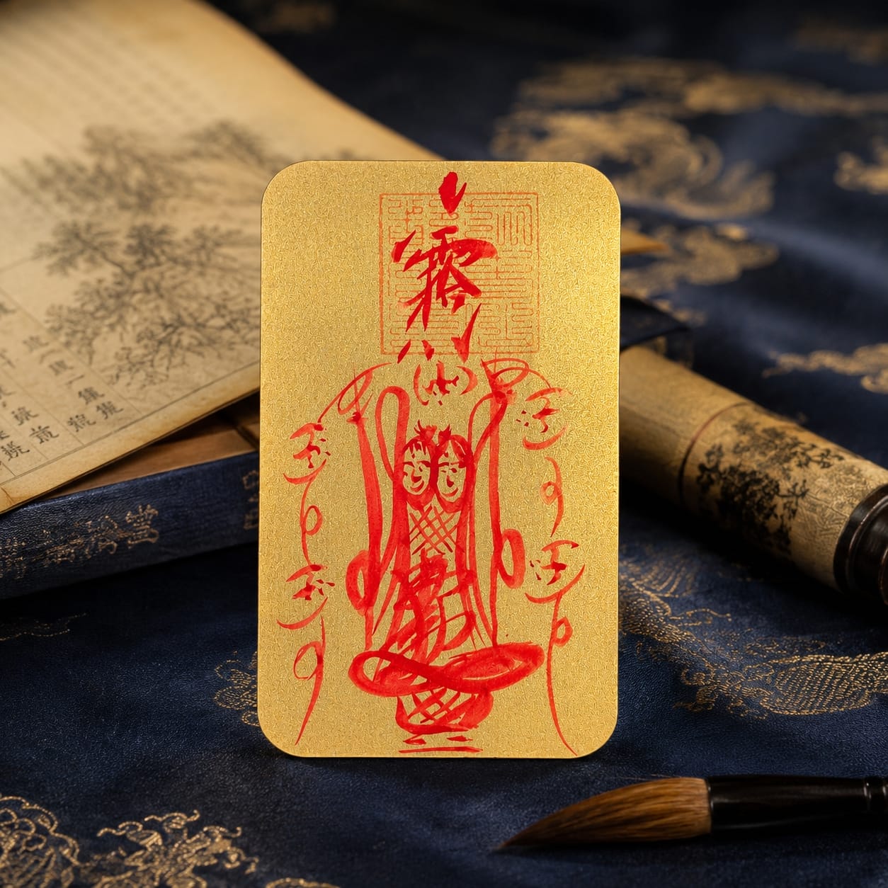 The Wenchang Talisman positioned among classical scrolls and a brush, showcasing its gold metallic surface with red symbolic calligraphy. The scene emphasizes traditional Taoist scholar aesthetics and focus on study and guidance. 