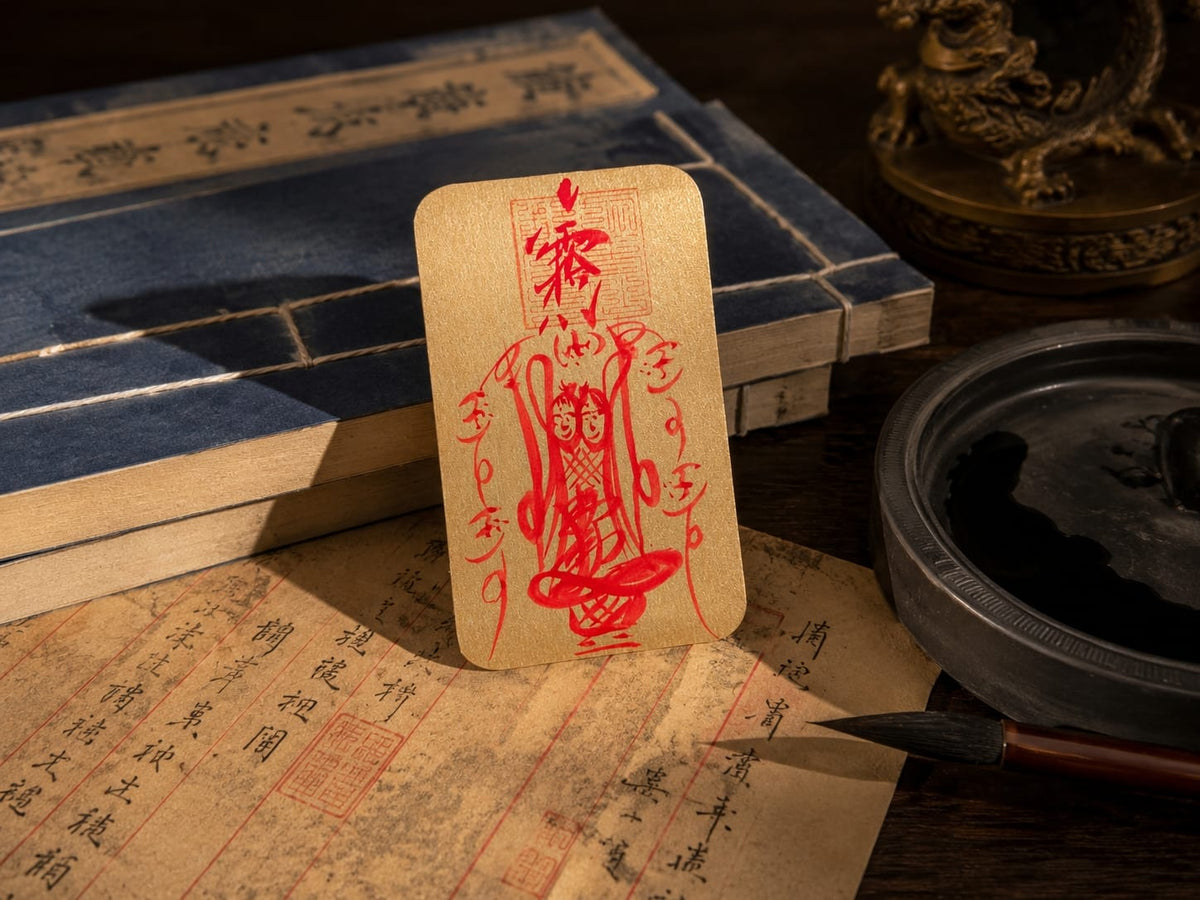 The Wenchang Wisdom & Career Talisman standing upright on a traditional stitched book with calligraphy sheets and an ink brush beside it. The gold talisman with red hand-drawn symbols conveys scholarship, focus, and clarity. The scene is softly lit, evoking a calm and scholarly atmosphere suitable for study or work.