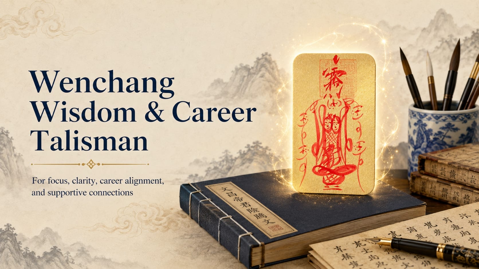 A golden Wenchang Wisdom & Career Talisman card with red hand-drawn calligraphy standing on a dark blue stitched book. The scene includes ancient-style books, a fountain pen, and a porcelain brush holder, with soft golden sparkles highlighting the talisman. Background features subtle cloud motifs and faint mountain illustrations, creating a scholarly and serene atmosphere. 