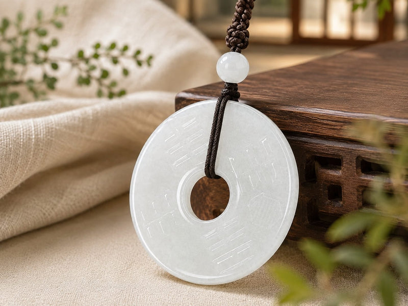 White Hetian jade Peace Buckle Pendant displayed beside warm wood and soft fabric, highlighting its smooth round shape and peaceful design.