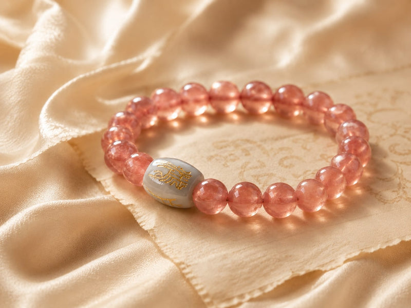 Natural Rhodochrosite Bracelet with a Hetian jade talisman bead arranged on elegant satin fabric, showcasing the intentional bead composition and symbolic centerpiece that define the bracelet’s meaningful arrangement.
