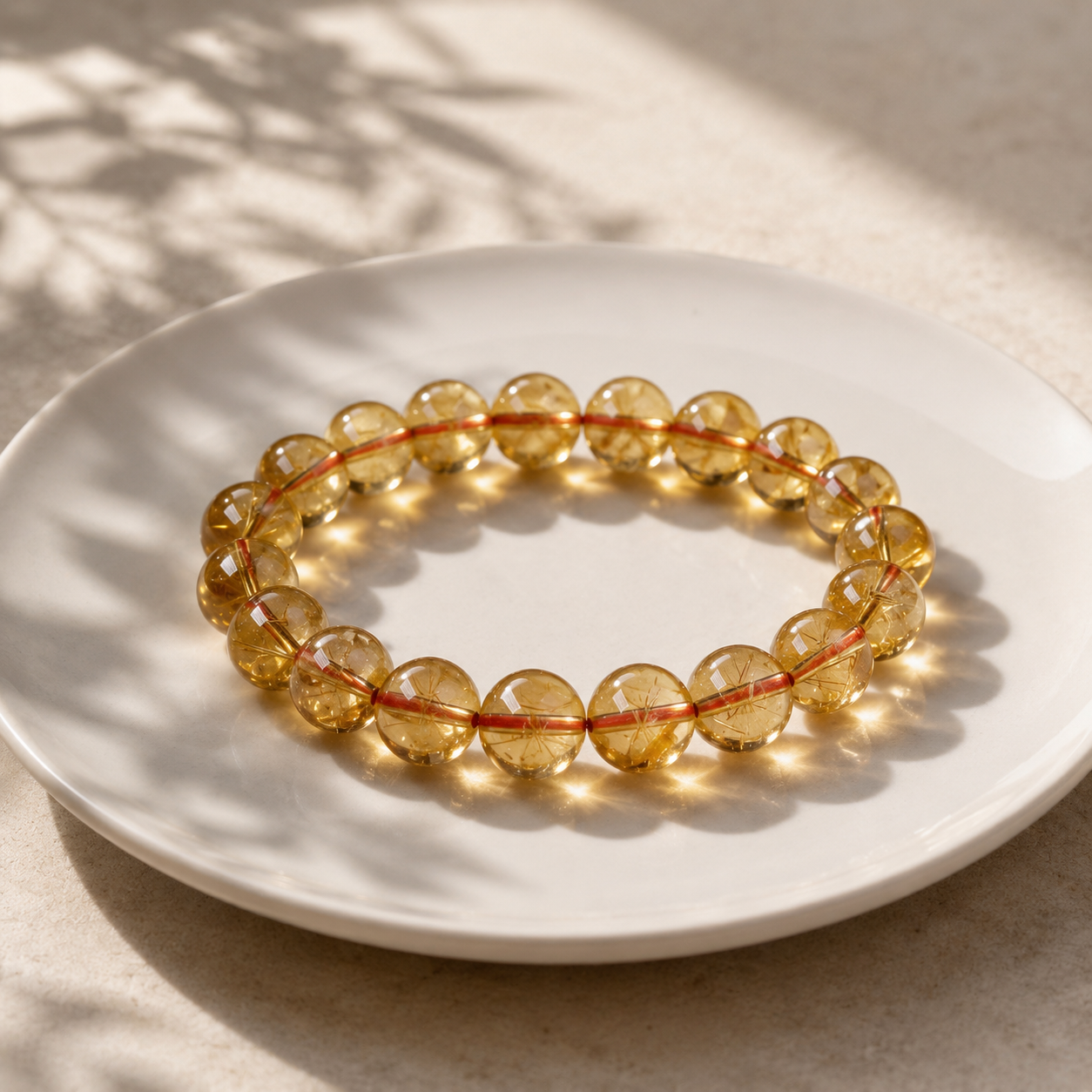 A Yellow Citrine Abundance Bracelet arranged on a white ceramic plate, highlighting its smooth round beads, golden transparency, and elegant natural shine.